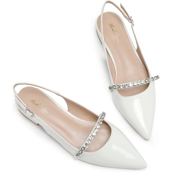 Shoes - Women White Patent Polyurethane (PU) Rhinestone Pointed Toe Slingback Flats